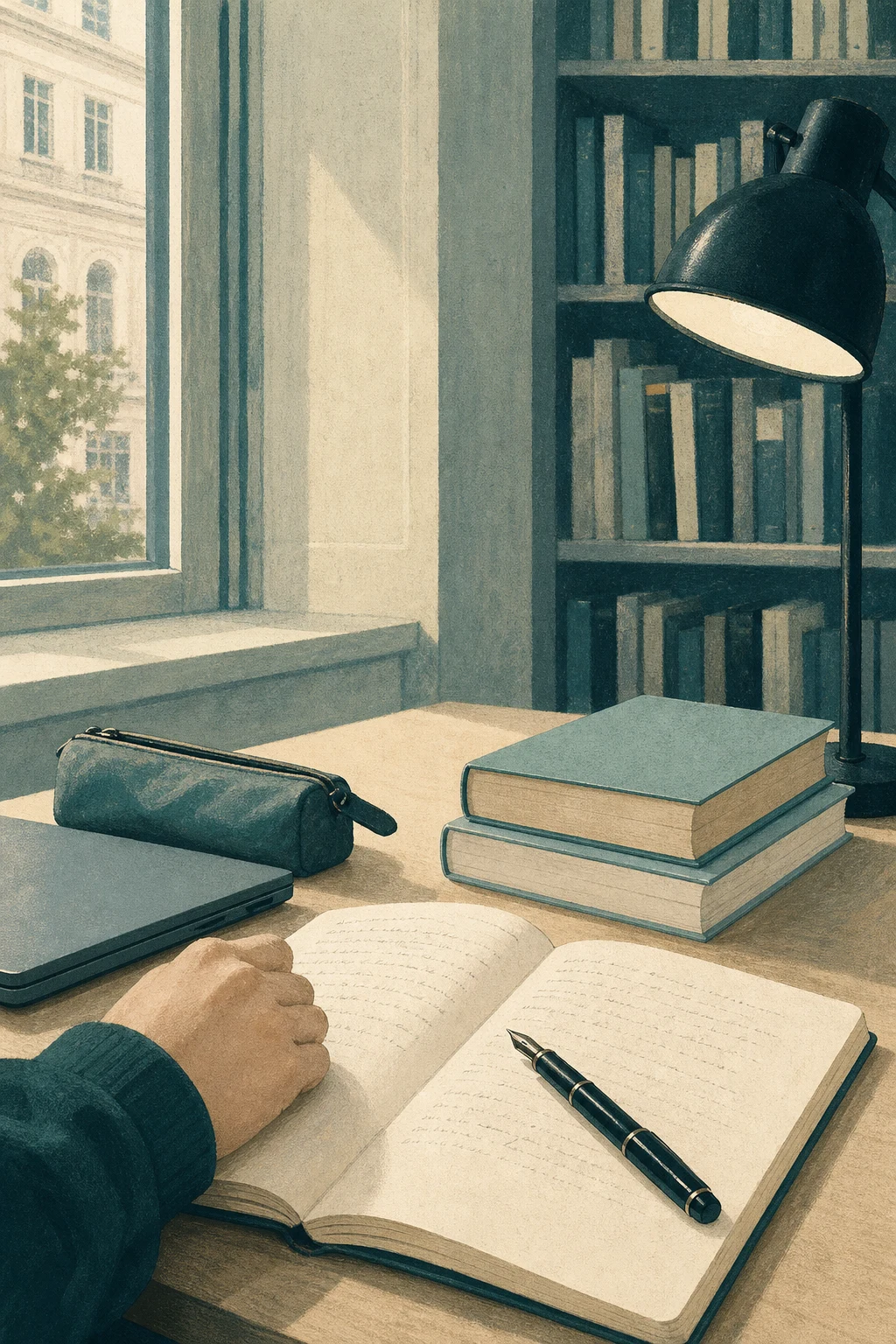 Illustration : un élève prépare son projet dans un carnet, à un bureau de bibliothèque.